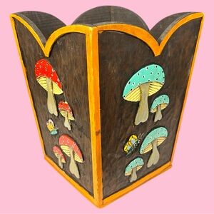 Vintage 60s 70s Mushroom Shroom Wooden Wastebasket Planter Mexican Folk Art
